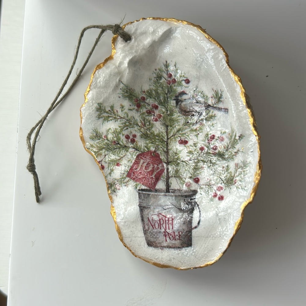 Decoupage Oyster Shell Christmas Hanging Ornament with Bird in Christmas Tree